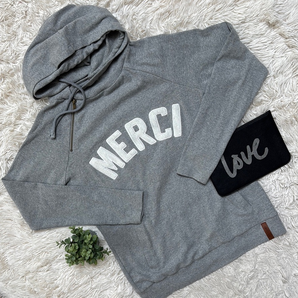 Ampersand Ave Double Hood Top with Merci Raised Letters 💗 Gray & Ivory